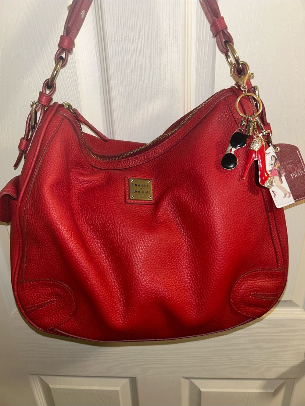 Dooney & Bourke Red Pebbled Leather Shoulder Hobo with Charm Keyring